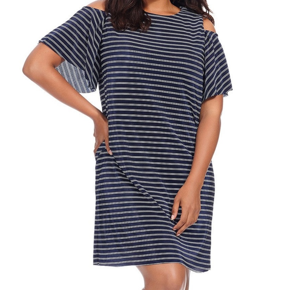 ❗5 For $2️⃣5️⃣ Bundle Sale❗️ London Times Navy&White Stripe Cold Shoulder Dress - Picture 3 of 4
